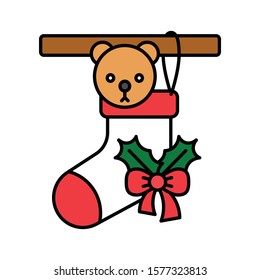 santa  bear in socks and holy leaf vector in filled design 