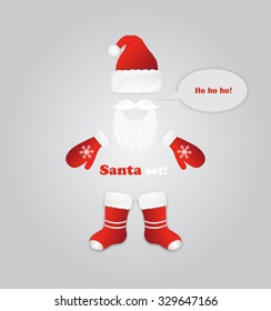 Santa beard, glasses, hat, mittens, boots. Christmas holiday card with Santa Claus. Vector illustration