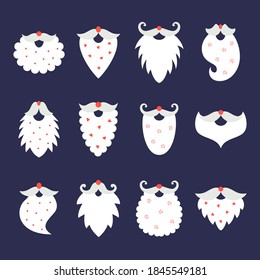 Weihnachtsbärten, Vektorset. Weihnachtskostüme einzeln auf blauem Hintergrund. Weihnachtsweiße Schnurrbart und Bärte. Klaus lustige Gesichter. Modernes Cartoon-Portrait. Weihnachtsfeiern.