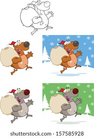 Santa Bears Running With Bag And Waving. Vector Collection Set