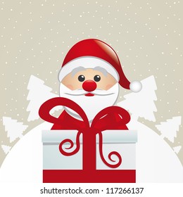 santa behind gift box white winter landscape
