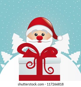 santa behind gift box white winter landscape