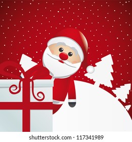 santa behind gift box white winter landscape