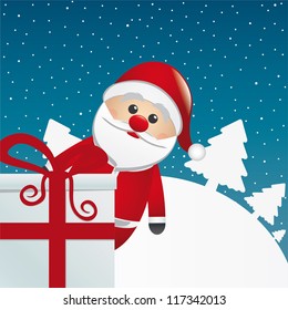 santa behind gift box white winter landscape