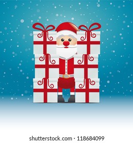 santa behind gift stack snowy winter background