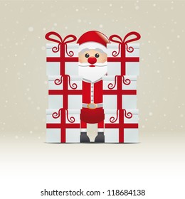 santa behind gift stack snowy winter background