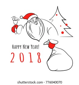 Santa with a bell and a bag of gifts. Vector linear illustration.