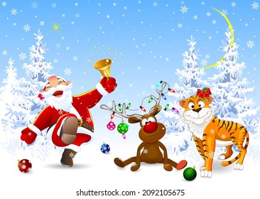 Santa with a bell, a deer and a tiger in the winter forest on Christmas Eve.


