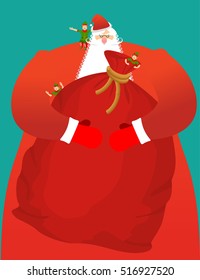 Santa with big bag of gifts. Red sack with toys and sweets. Christmas elf helpers. Character for new year. Postcard and poster for winter holiday. Fairy old man with large white beard and assistant