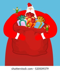 Santa with big bag of gifts. Red sack with toys and sweets. Christmas elf helpers. Character for new year. Postcard and poster for winter holiday. Old man with large white beard and little assistant.