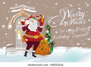 Santa with a big bag of gifts at snow-covered streets. Christmas greeting card background poster.  Vector illustration