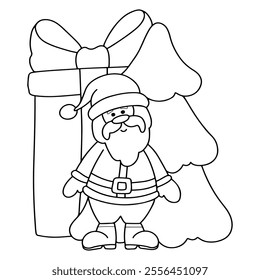 Santa with big gift near Christmas tree coloring book hand drawn. Happy holiday. Grandfather Frost. New Year. Celebrating the event. Vector line art cartoon illustration. Page for kids and adults.