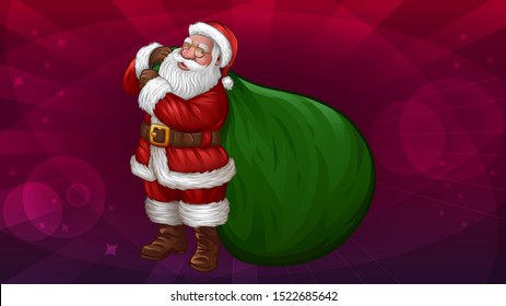 Santa with big green bag on abstract red background. Vector illustration