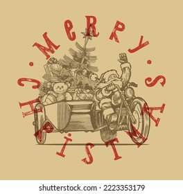 Santa Biker. Santa claus montando una motocicleta de helicóptero con un sidecar lleno de regalos. Tipografía vintage Ilustración navideña estampado de camisetas.