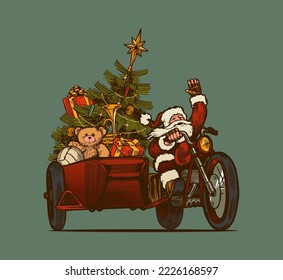 Santa Biker. Santa Claus montando una motocicleta con un sidecar lleno de regalos. estilo vectorial vectorial vintage de Navidad.