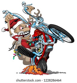 Santa Biker On An American Style Chopper Motorcycle, Popping A Wheelie, Vector Cartoon Illustration