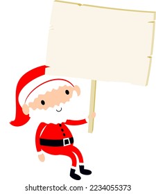 Santa with blank notice board. Cute cartoon Father Christmas holiday vector illustration.