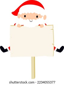 Santa with blank notice board. Cute cartoon Father Christmas holiday vector illustration.