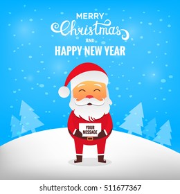 Santa with blank sign. Santa Claus in winter snow scene