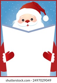 santa with blank white board background vector. Vector Cartoon Illustration. Santa Claus, Christmas, list, message, parchment, paper, manuscript, frame, sign, banner