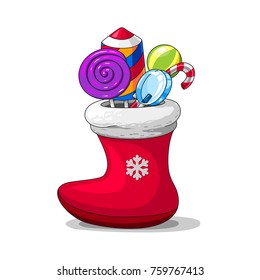 Santa boot with candys. Christmas sock with sugarplum, lollipop and firework