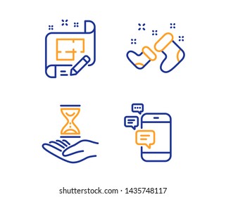 Santa boots, Architect plan and Time hourglass icons simple set. Communication sign. New year, Engineering plan, Sand watch. Smartphone messages. Business set. Linear santa boots icon. Vector