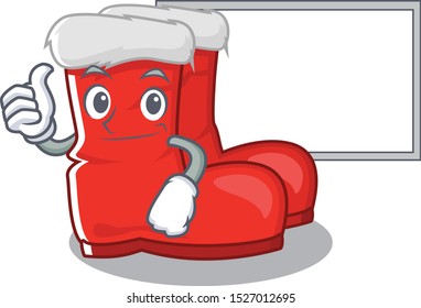 Santa boots cartoon character with empty board and thumbs up.