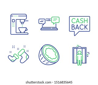 Santa boots, Money transfer and Internet chat line icons set. Coconut, Coffee maker and Elevator signs. New year, Cashback message, Online communication. Vegetarian nut. Business set. Vector