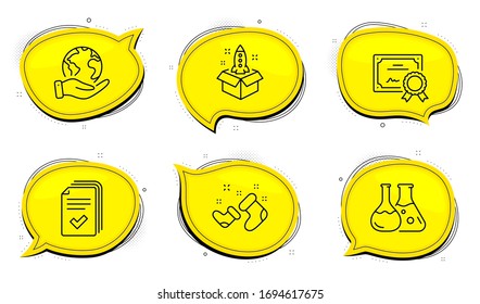 Santa boots sign. Diploma certificate, save planet chat bubbles. Startup, Chemistry lab and Handout line icons set. Innovation, Laboratory, Documents example. New year. Business set. Vector