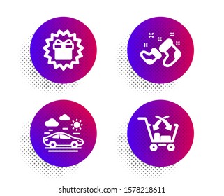 Santa boots, Surprise gift and Car travel icons simple set. Halftone dots button. Cross sell sign. New year, Shopping offer, Transport. Market retail. Holidays set. Vector