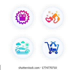 Santa boots, Surprise gift and Car travel icons simple set. Button with halftone dots. Cross sell sign. New year, Shopping offer, Transport. Market retail. Holidays set. Vector