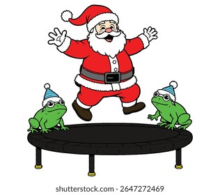 Santa Bouncing on Trampoline with Frogs Christmas color on a white background