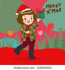 santa boy holding gift on colorful background