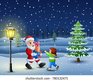 Santa bring gift box with little girl in the snowing hill