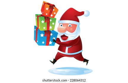 Santa bring and run with a pile of gift box in Christmas 