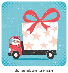 Santa bringing gift. No transparency and gradients used.