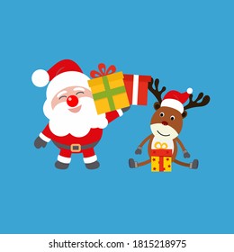 Santa brings a Christmas present and the reindeer opens it