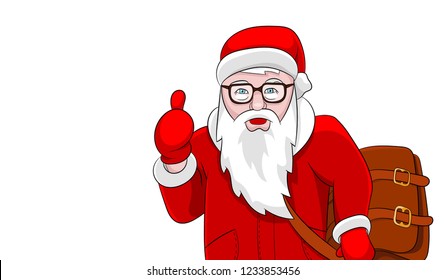 Santa with brown leather bag portrait isolated on white background Christmas template. Vector illustration.