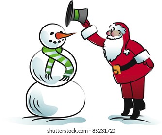 Santa building a snowman Santa Claus puts the finishing touch on a snowman. EPS 8 vector.