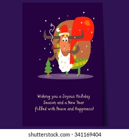 Santa Bull with Beard and Sack. Christmas Vector Illustration