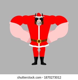 Santa bull Strong Cool serious. Christmas Cow smoking cigar emoji. New Year strict. Vector illustration