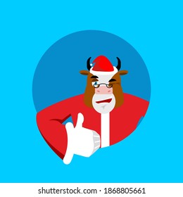 Santa bull thumbs up well and winks. Sign all right. Merry Christmas cow. Hand showing ok. Gesture of hand. Good farm animal in red suit. Illustration for new year