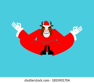 Santa Bull yoga. Christmas meditating. Cow with beard in red suit lotus pose. Illustration for new year 2021 