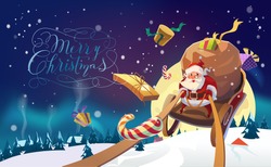 Santa With The Bunch Of Presents Riding On A Sleigh In The Winter Forest. Polar Lights Background. Winter Village. Merry Christmas Lettering. Vector Illustration.