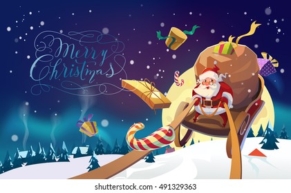 Santa and the bunch presents riding sleigh in the winter forest  Polar Lights background  Winter village  Merry Christmas Lettering  Vector illustration 