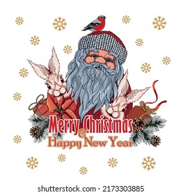 Santa and bunnies with gifts surrounded by branches of Christmas trees, cones and bullfinches with the inscription Merry Christmas and Happy New Year. New Year composition, postcard, poster, banner.