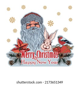 Santa and bunnies with gifts surrounded by branches of Christmas trees, cones and bullfinches with the inscription Merry Christmas and Happy New Year. New Year composition, postcard, poster, banner.