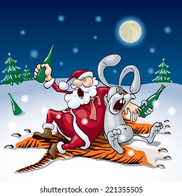 Santa and the bunny drink sitting on a tiger skin. Eps8. CMYK. Global colors. Gradients used.