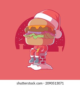 Santa Burger comiendo pizza en una ilustración de un vector de chimenea. Comida, divertida, concepto de diseño vacacional.