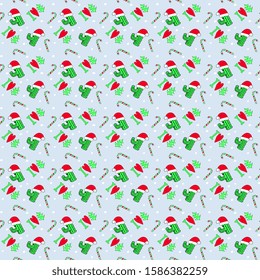  Santa cactus. Seamless vector pattern with Merry Christmas design on a blue background from handmade, artistic.  